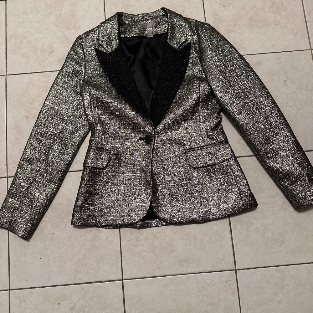 Aqua metallic silver with black blazer worn once